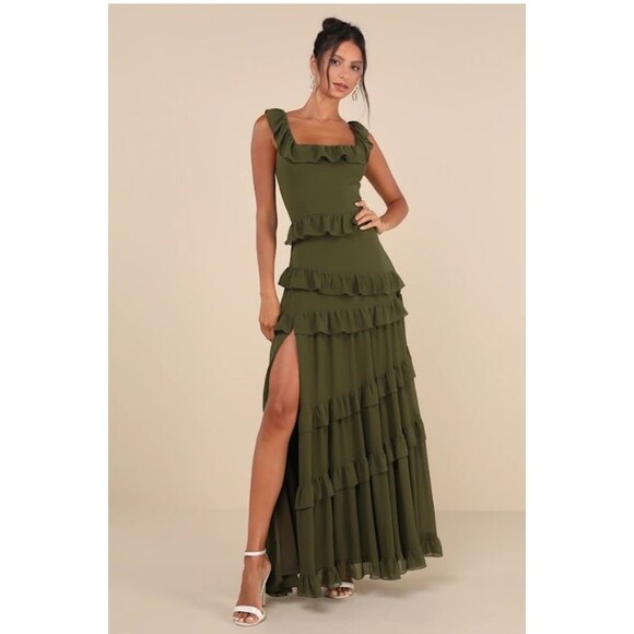 Lulus Dresses & Skirts - Lulus Olive Green Ruffled Tiered Maxi Dress Medium Square Neck High Slit NWT